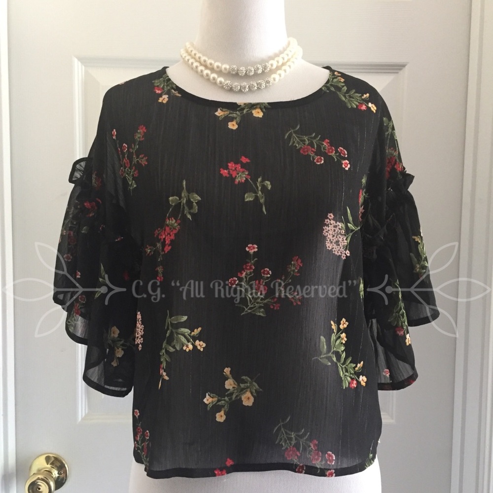 NEW! Black Floral Sheer Ruffle Blouse - Picture 4 of 8